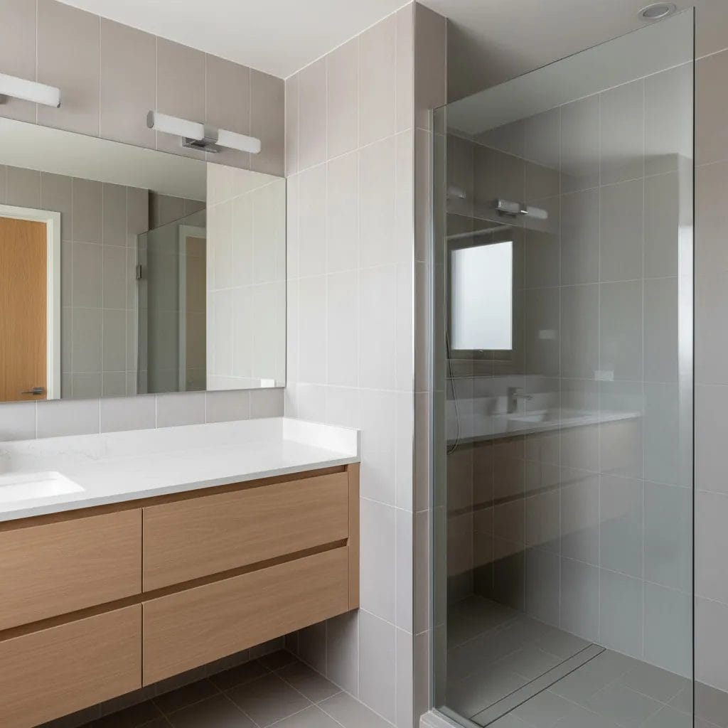 Bright bathroom with porcelain wall tile and neat silicone corner joint, clean 2 mm grout lines
