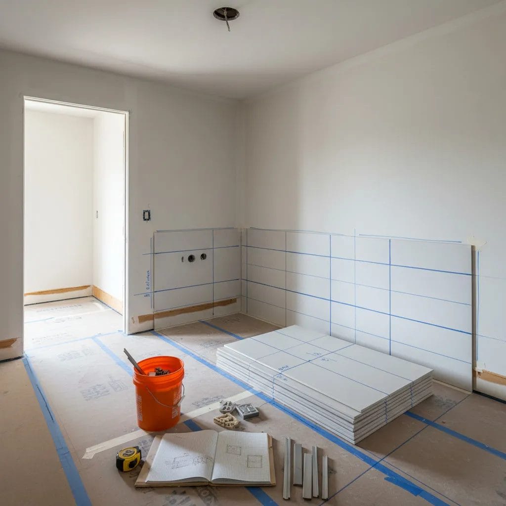 Installer marking tile layout lines with a laser level and chalk on a protected floor during planning.